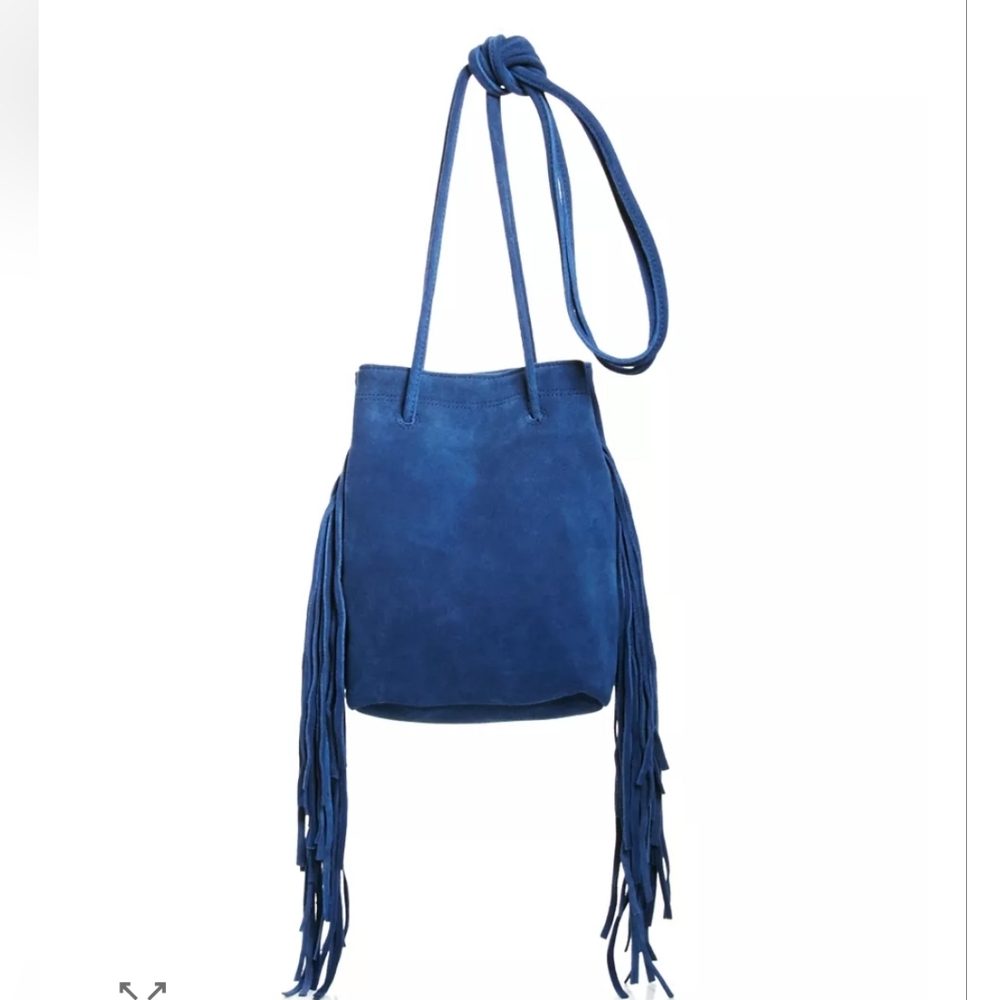 Blue Suede Fringe Bucket Bag - Women